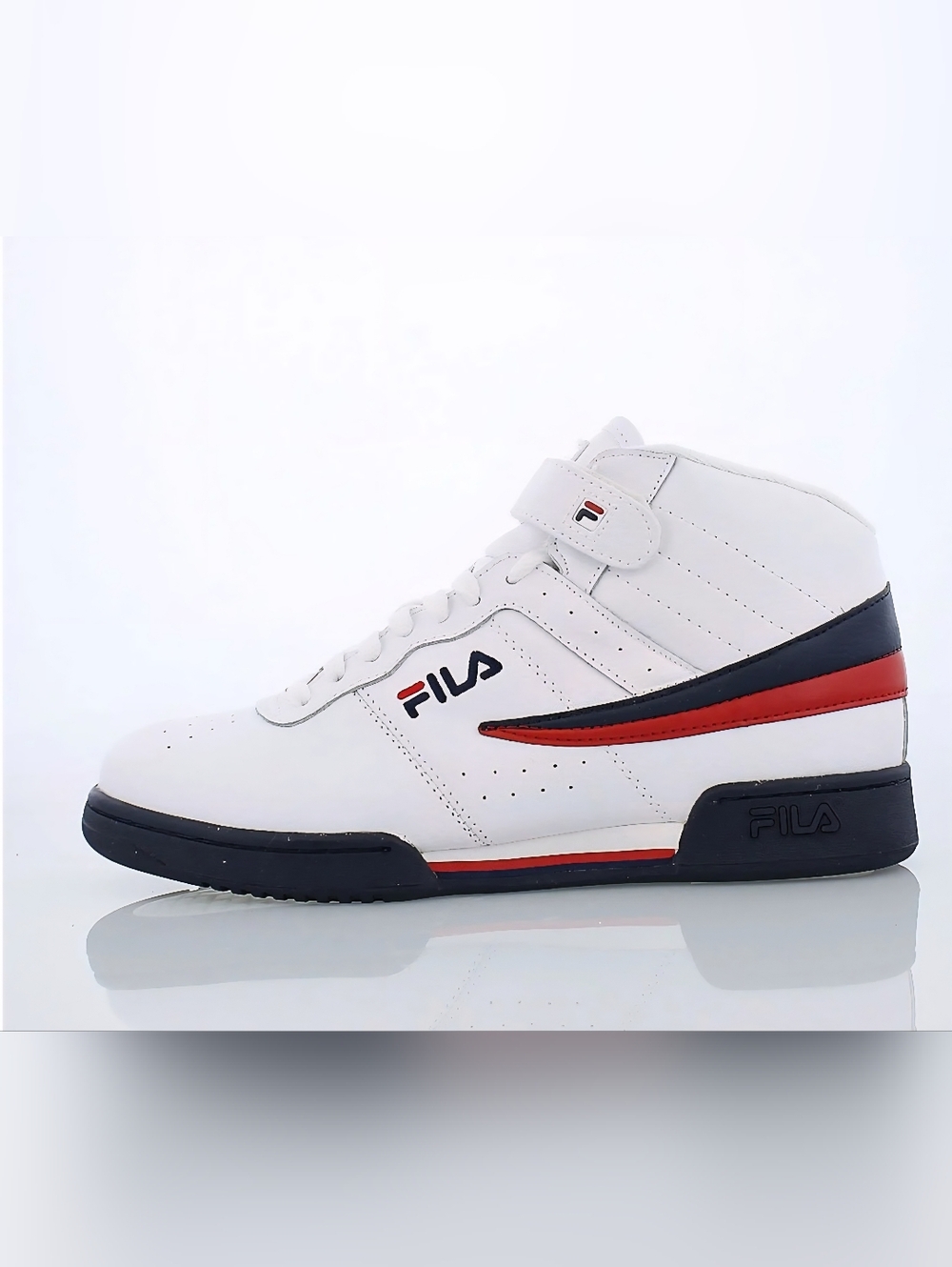 FILA Boys' Size 5 Mid Top Basketball Shoes White, Navy and Red with Comfort